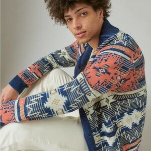 Lucky Brand Men's Blue and Orange Patterned Cardigan Size Large